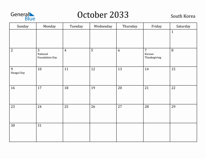 October 2033 Calendar South Korea