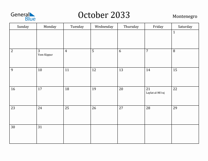 October 2033 Calendar Montenegro