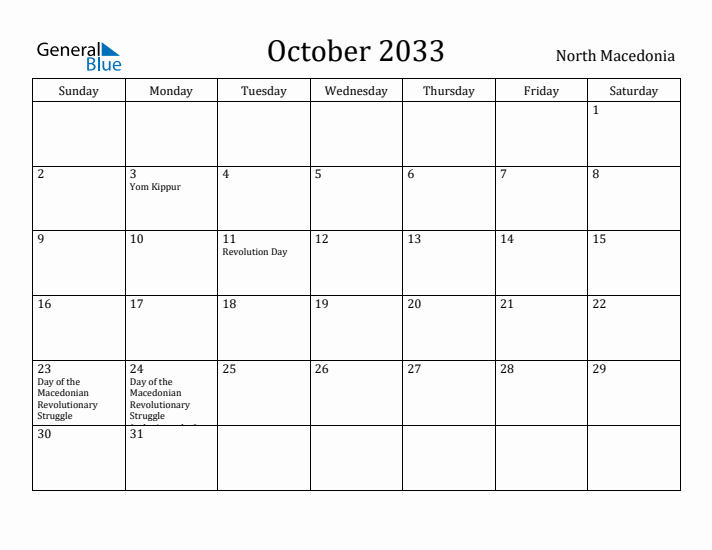 October 2033 Calendar North Macedonia