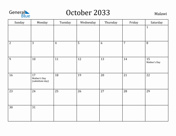 October 2033 Calendar Malawi