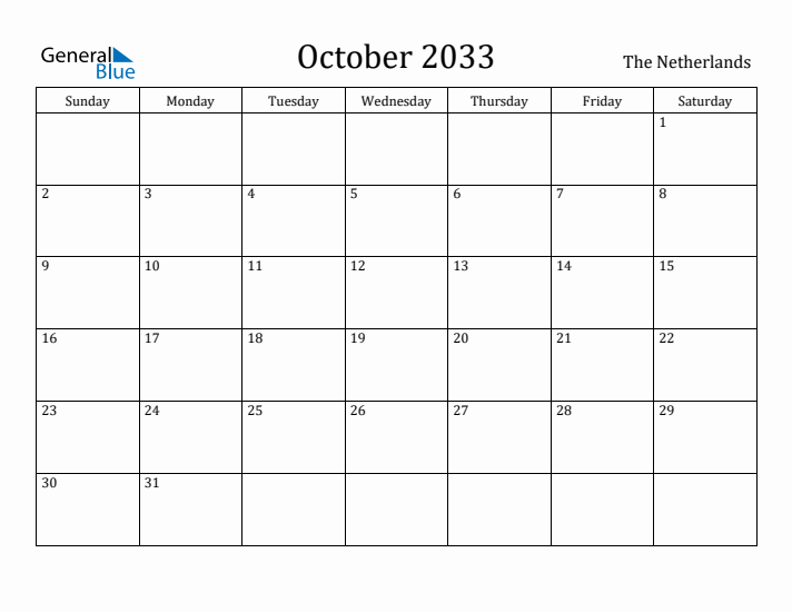 October 2033 Calendar The Netherlands