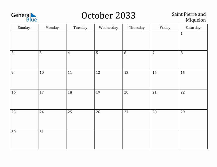October 2033 Calendar Saint Pierre and Miquelon