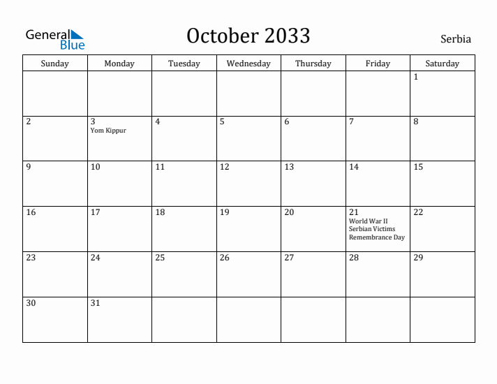 October 2033 Calendar Serbia