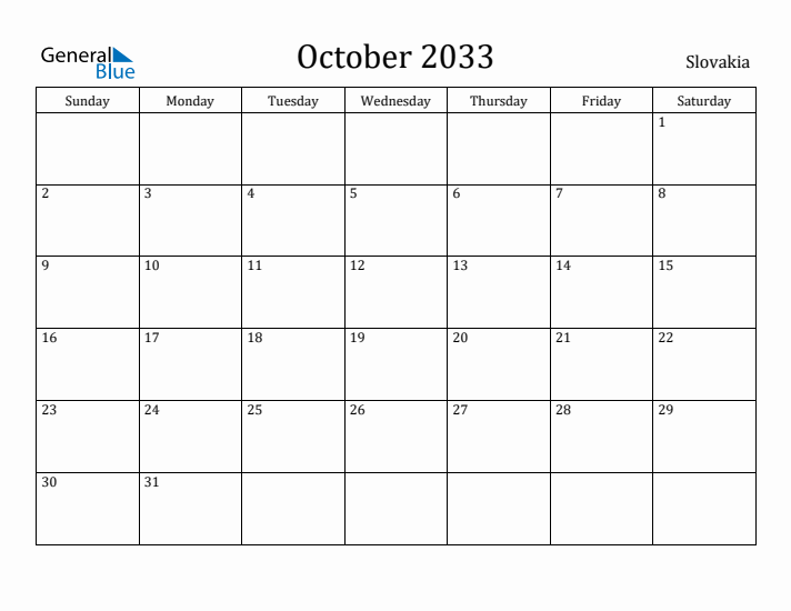 October 2033 Calendar Slovakia