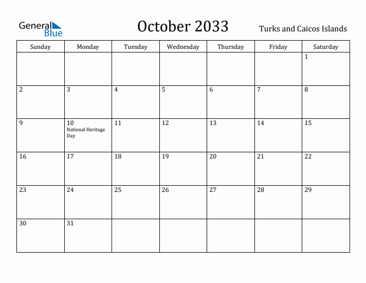 October 2033 Calendar Turks and Caicos Islands