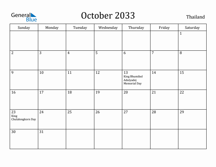 October 2033 Calendar Thailand