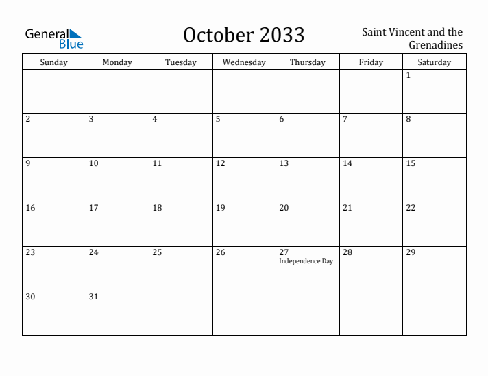 October 2033 Calendar Saint Vincent and the Grenadines