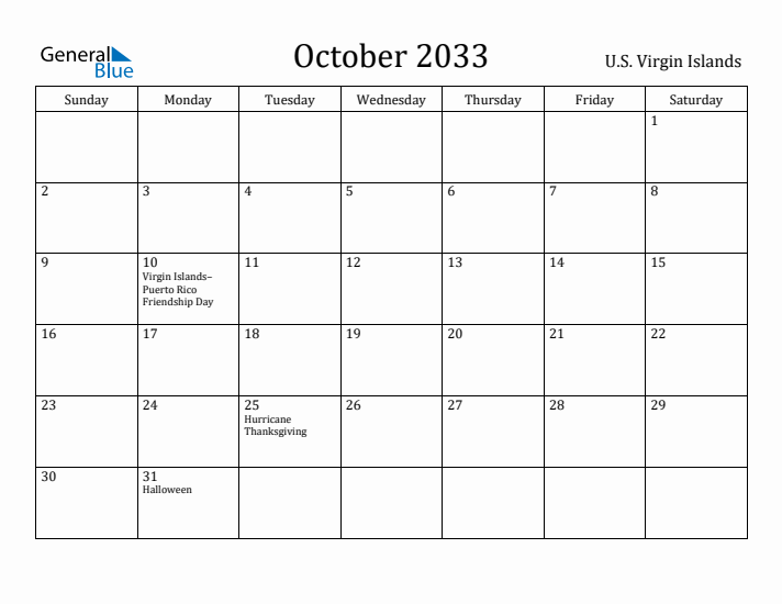 October 2033 Calendar U.S. Virgin Islands