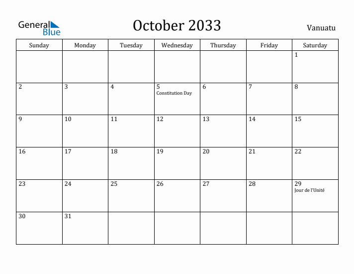 October 2033 Calendar Vanuatu