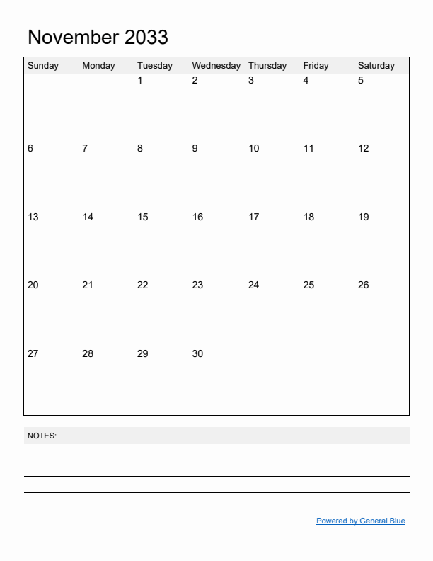 Basic Monthly Calendar Template for November 2033