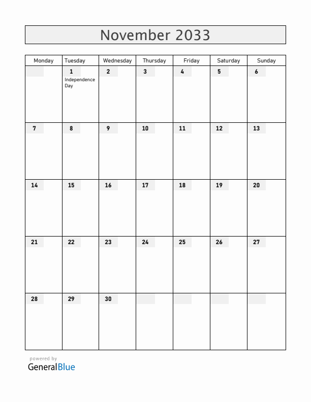 Antigua and Barbuda November 2033 Calendar with Holidays