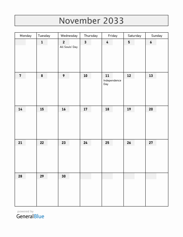 Angola November 2033 Calendar with Holidays