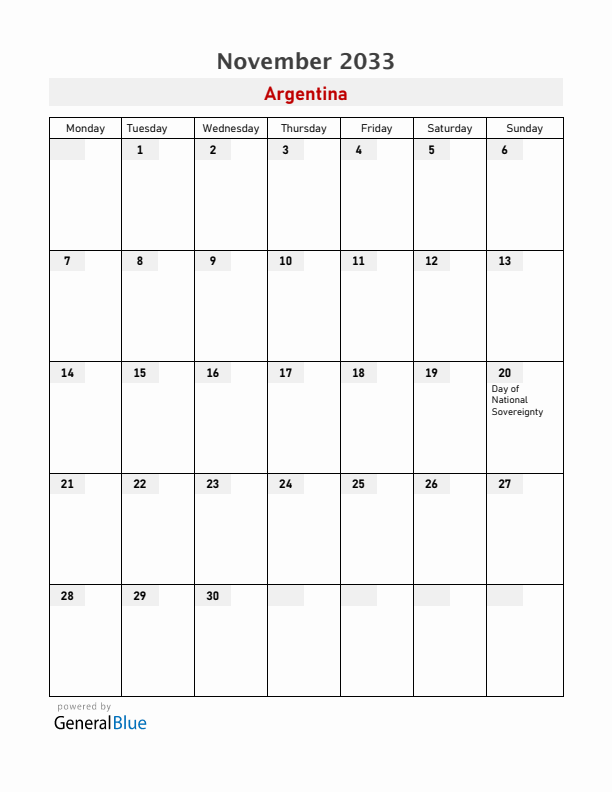 Argentina November 2033 Calendar with Holidays