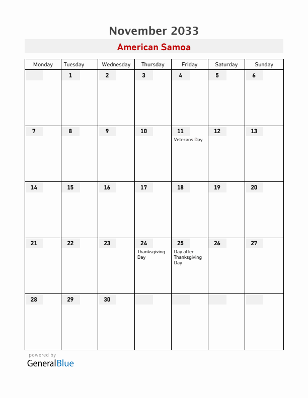 American Samoa November 2033 Calendar with Holidays