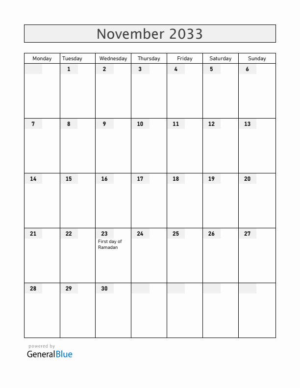 Brunei November 2033 Calendar with Holidays