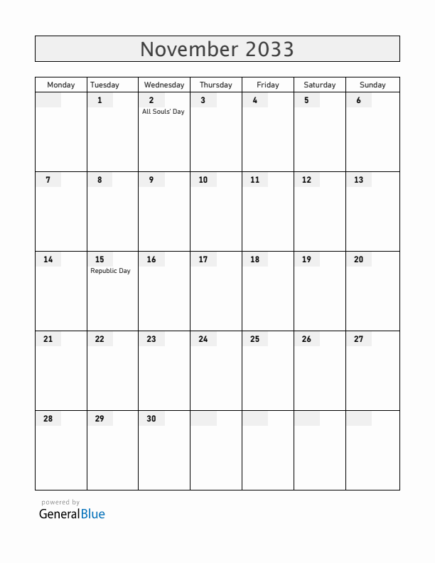 Brazil November 2033 Calendar with Holidays
