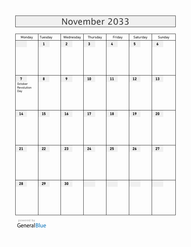Belarus November 2033 Calendar with Holidays