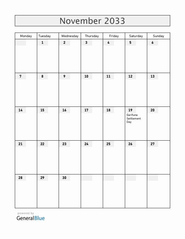 Belize November 2033 Calendar with Holidays