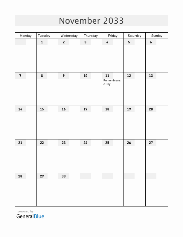 Canada November 2033 Calendar with Holidays