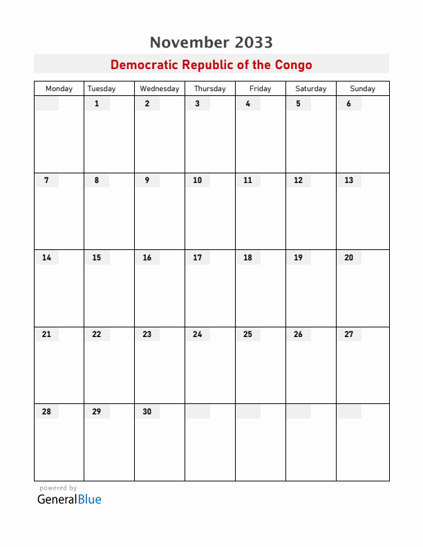 Democratic Republic of the Congo November 2033 Calendar with Holidays