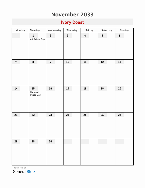 Ivory Coast November 2033 Calendar with Holidays