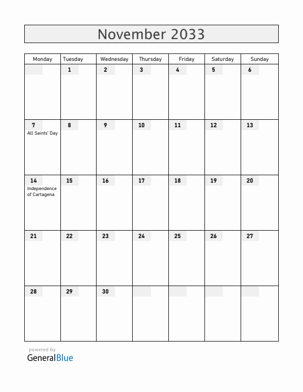 Colombia November 2033 Calendar with Holidays