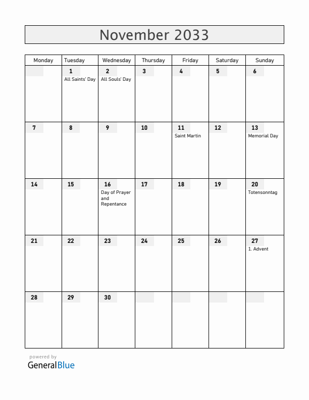 Germany November 2033 Calendar with Holidays