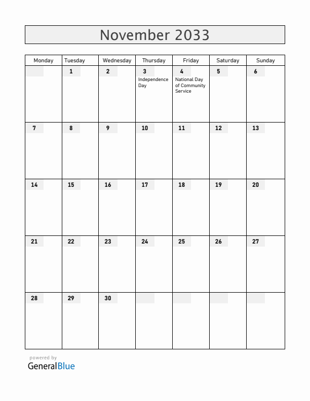 Dominica November 2033 Calendar with Holidays