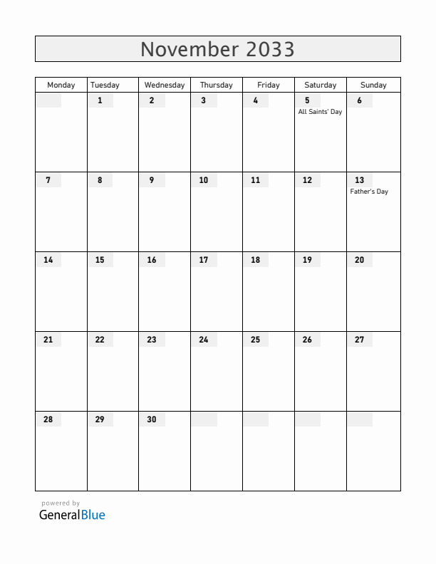 Finland November 2033 Calendar with Holidays