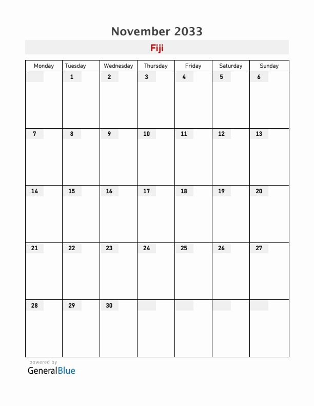 Fiji November 2033 Calendar with Holidays