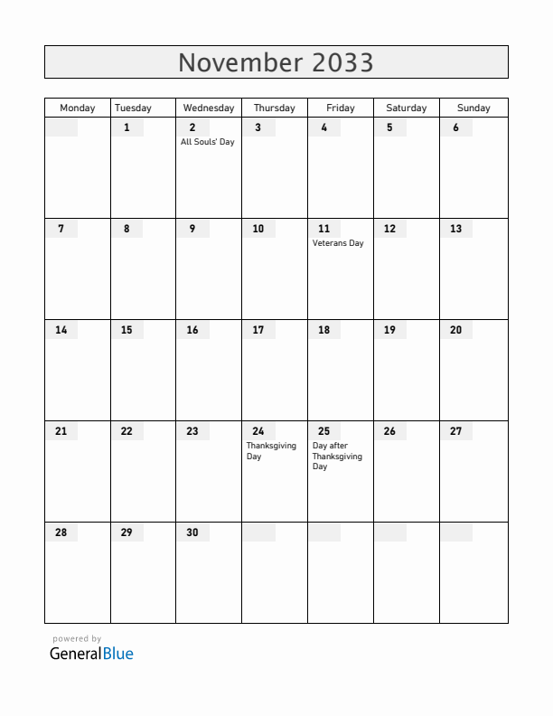 Guam November 2033 Calendar with Holidays