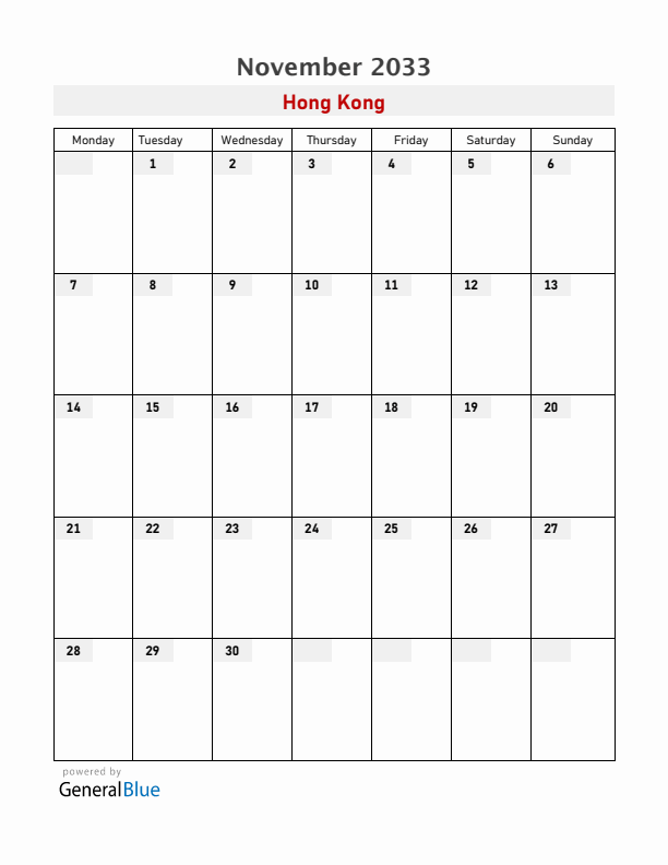 Hong Kong November 2033 Calendar with Holidays