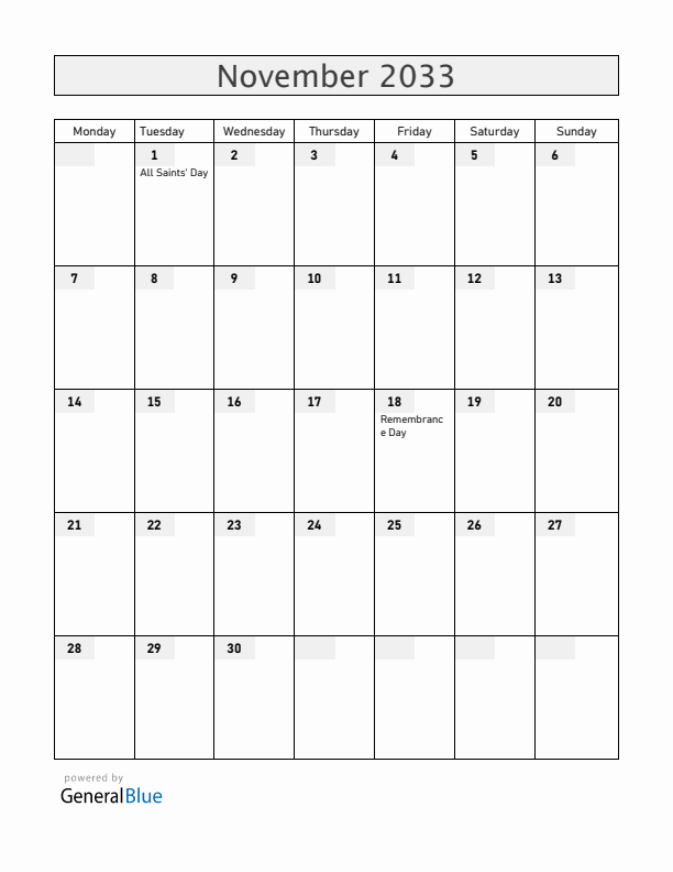 Croatia November 2033 Calendar with Holidays
