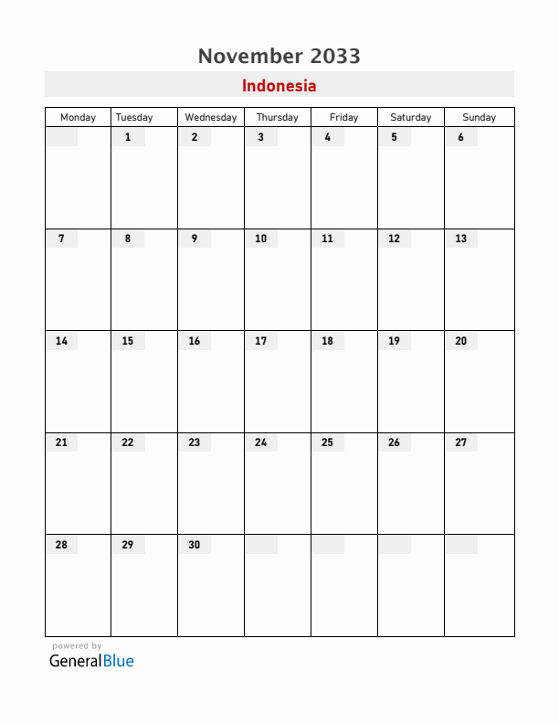 Indonesia November 2033 Calendar with Holidays