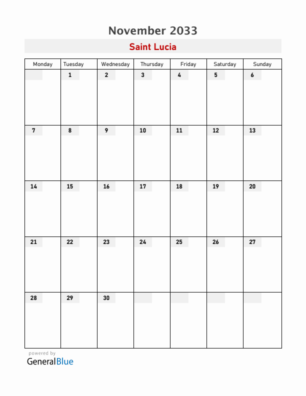 Saint Lucia November 2033 Calendar with Holidays
