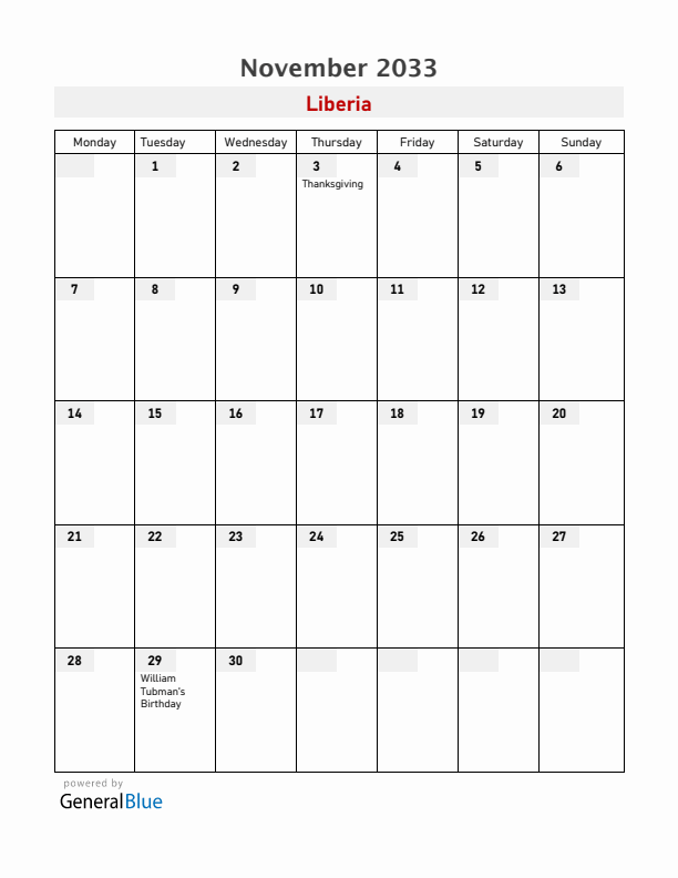 Liberia November 2033 Calendar with Holidays