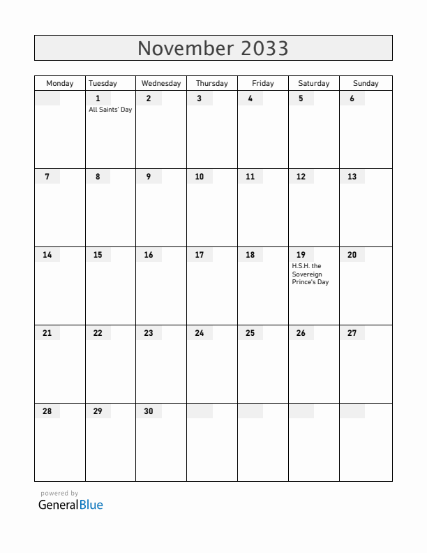 Monaco November 2033 Calendar with Holidays