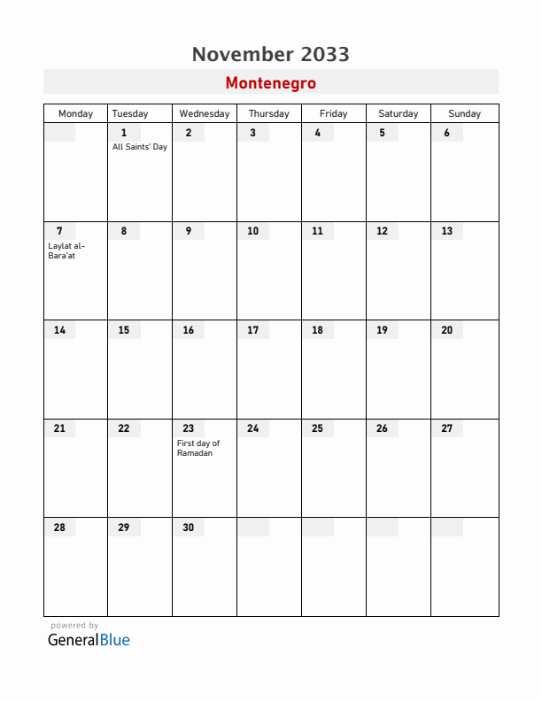Montenegro November 2033 Calendar with Holidays