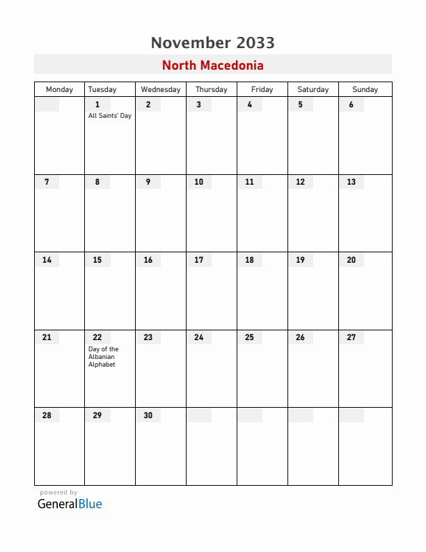North Macedonia November 2033 Calendar with Holidays