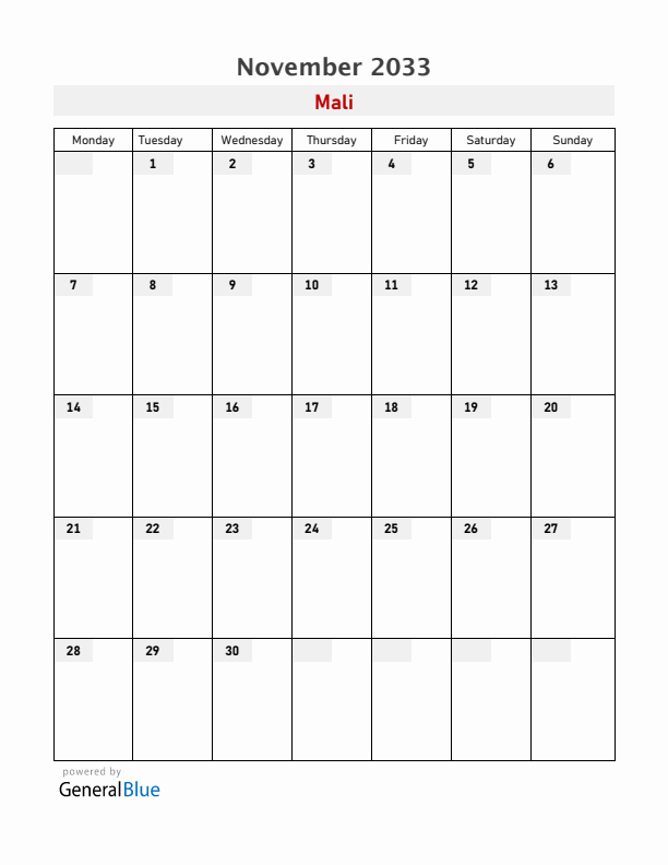 Mali November 2033 Calendar with Holidays