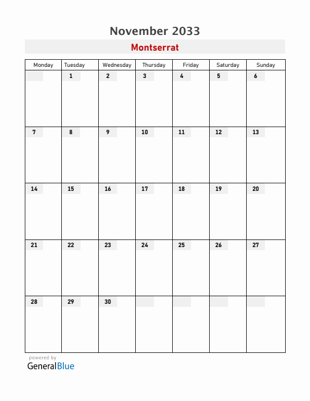 Montserrat November 2033 Calendar with Holidays