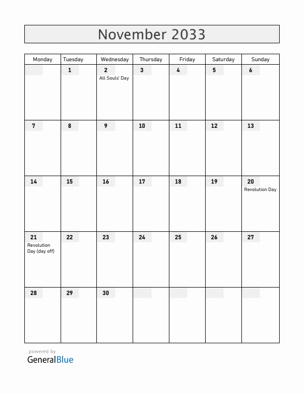 Mexico November 2033 Calendar with Holidays