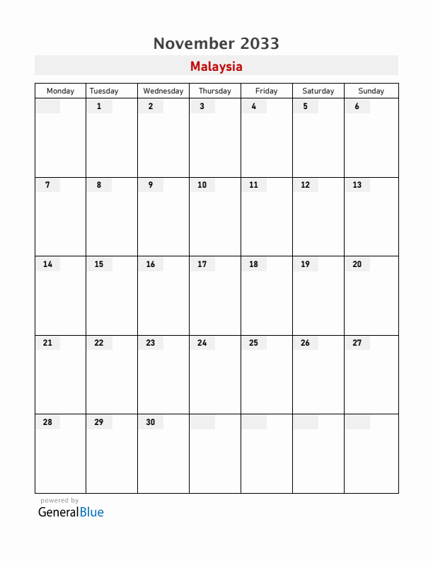 Malaysia November 2033 Calendar with Holidays