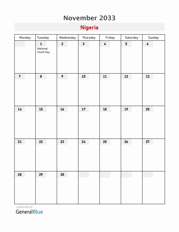 Nigeria November 2033 Calendar with Holidays