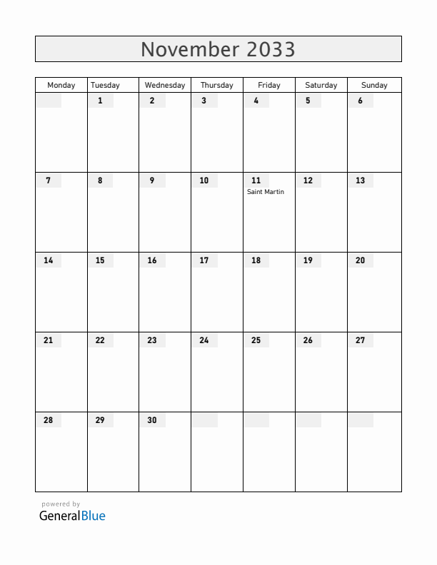 The Netherlands November 2033 Calendar with Holidays