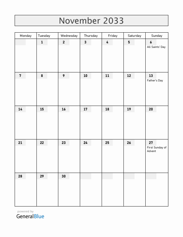 Norway November 2033 Calendar with Holidays