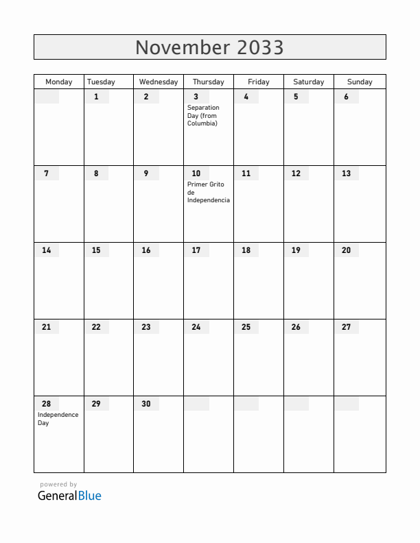 Panama November 2033 Calendar with Holidays