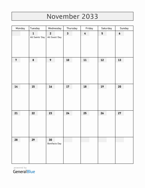 Philippines November 2033 Calendar with Holidays