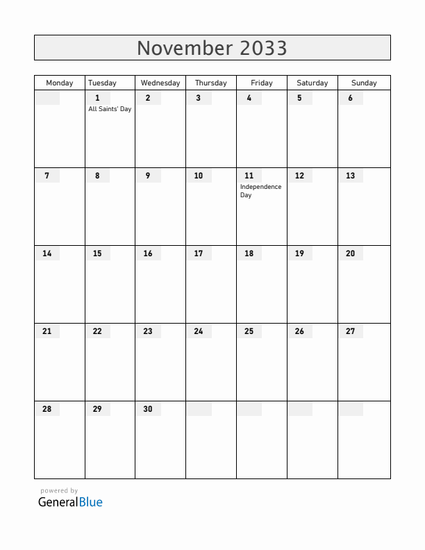 Poland November 2033 Calendar with Holidays