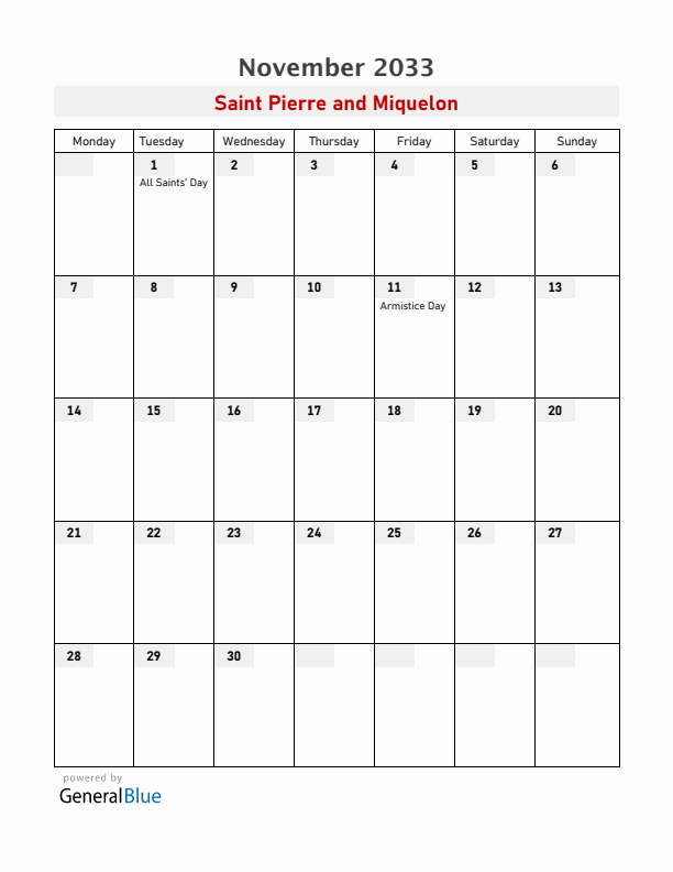 Saint Pierre and Miquelon November 2033 Calendar with Holidays